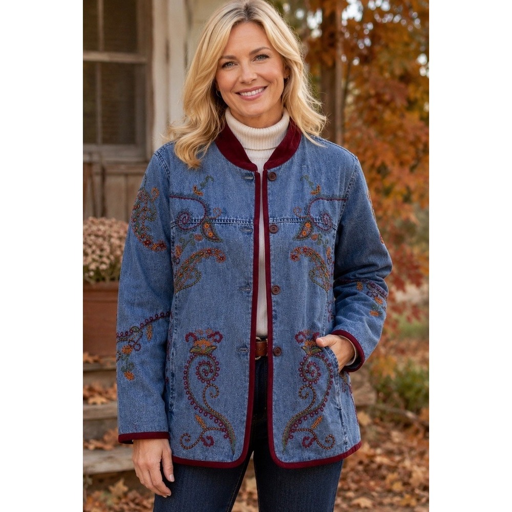 Denim & Co Jacket Denim Lined Embroidered Fall Cottage Americana Mom Size Large